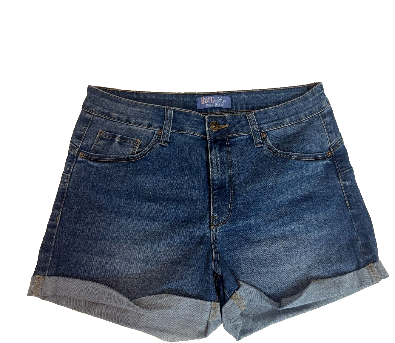 Wax Jeans Butt I Love You High Waisted Denim Shorts Roll Cuff Blue Large — photo 1