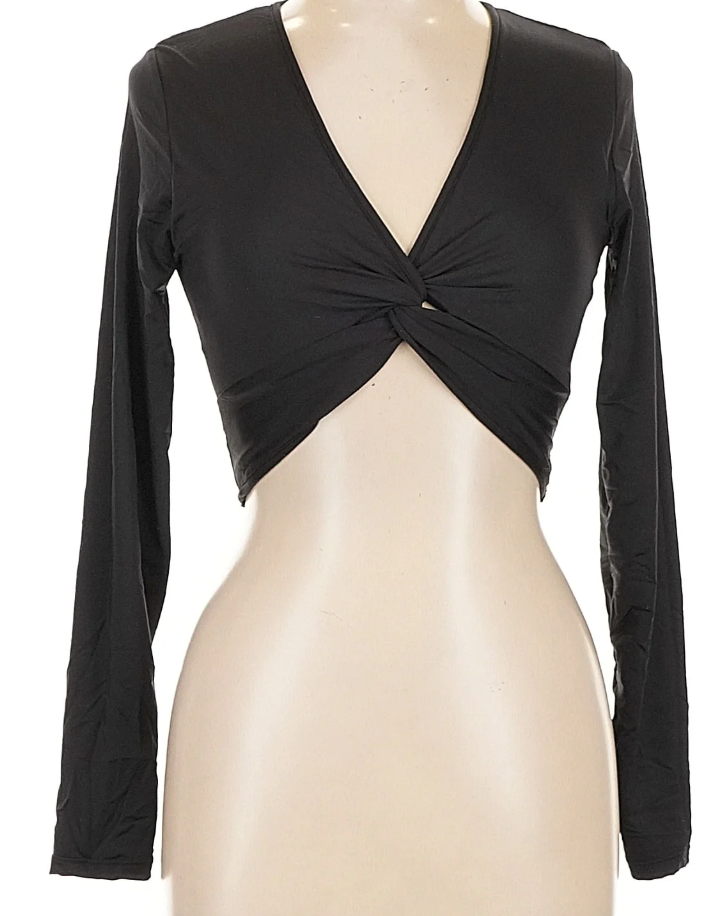 Klassy Network Women's Long Sleeve Top Medium Black V Neck Cropped Crop Top Sexy — photo 1