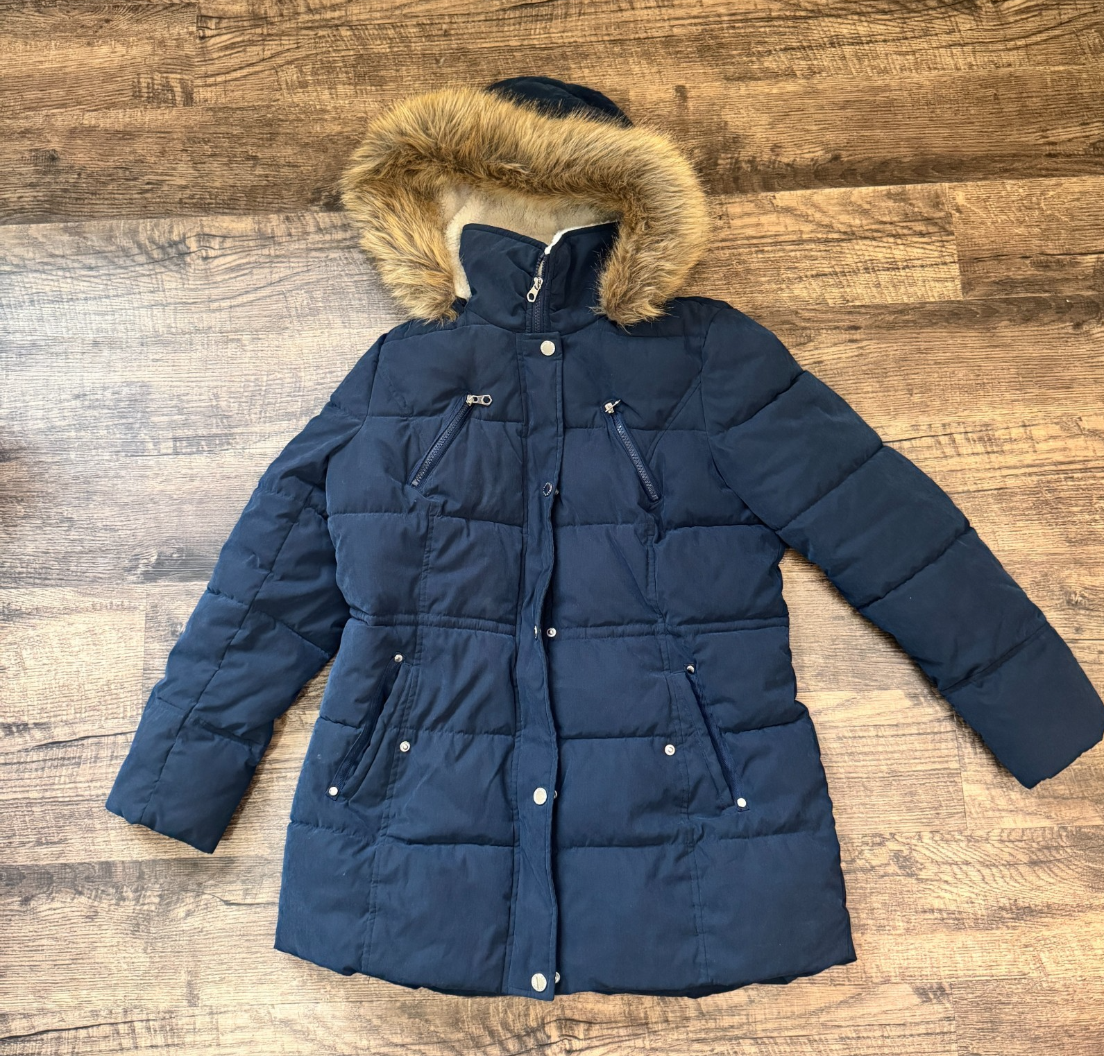 Nautica Women's Navy Blue Puffer Jacket Fur Trim Hood Pockets Cold Ski Large — photo 1