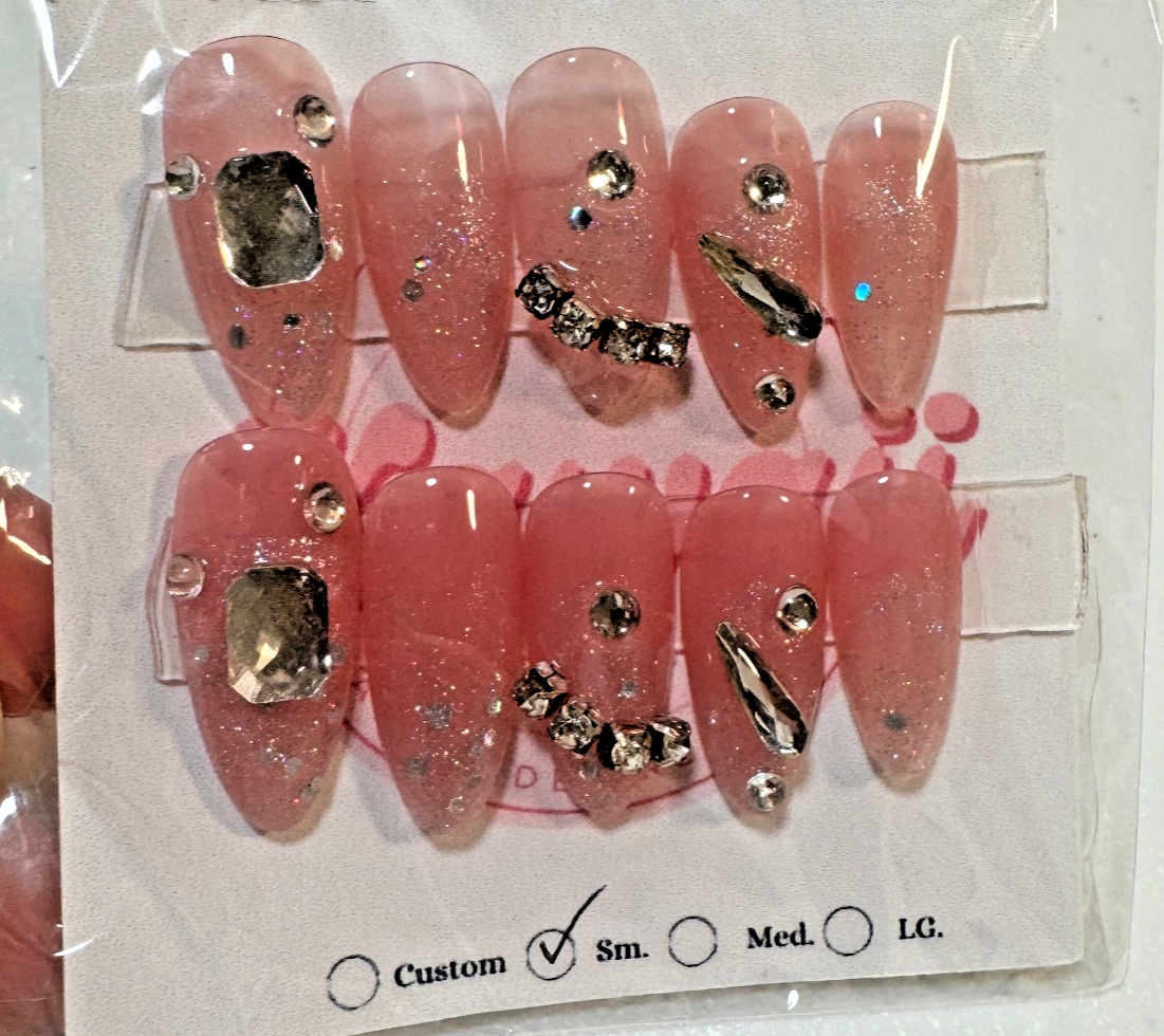 Press On Nails Small Medium Almond Pink Glitter Jewelry Nails Fancy Women's — photo 1
