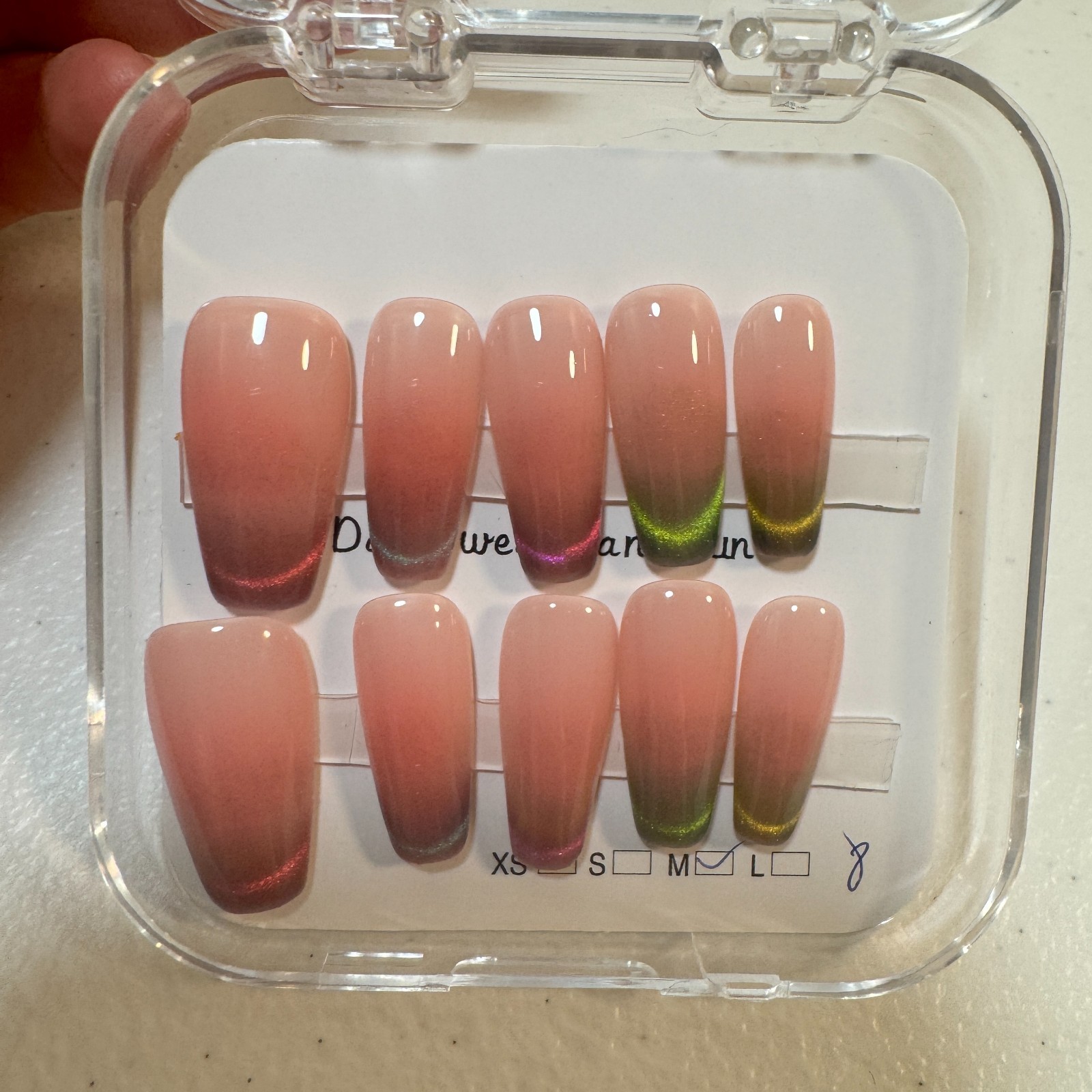 Press On Nails Long Square Nails Fancy Pink Stiletto Cat Eye - Medium Size — photo 1