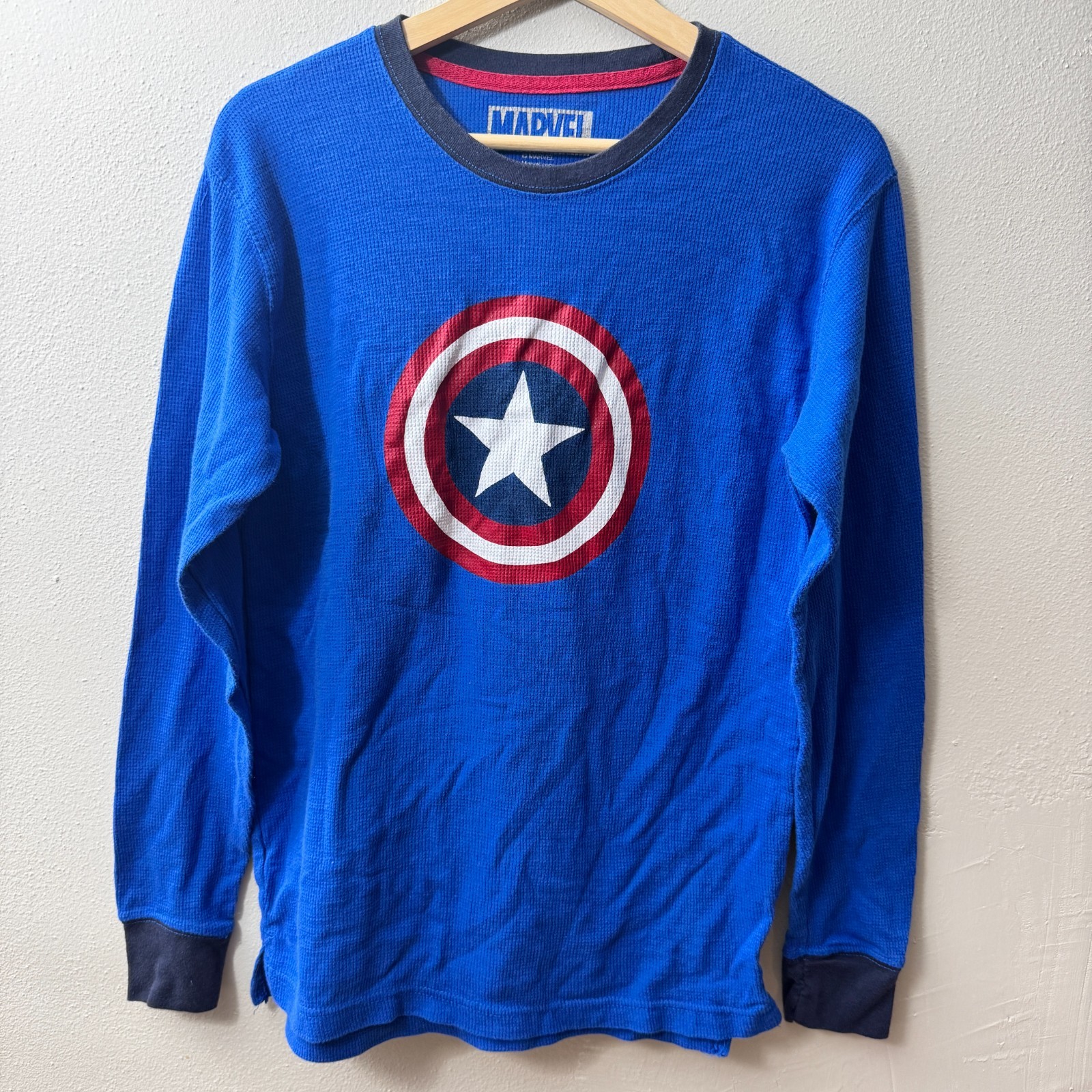 Marvel Captain America Waffle Knit Long Sleeve Shirt Blue Boys Size Large 14 — photo 1