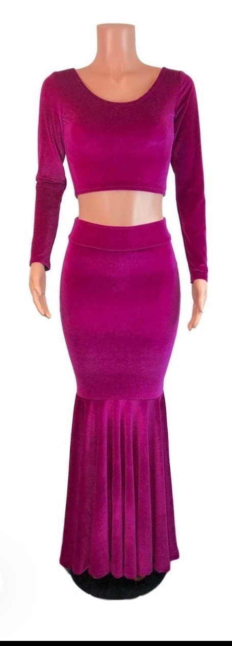Peridot Fuchsia Pink Velvet Morticia Outfit Mermaid Long Top Skirt Medium/Large — photo 1