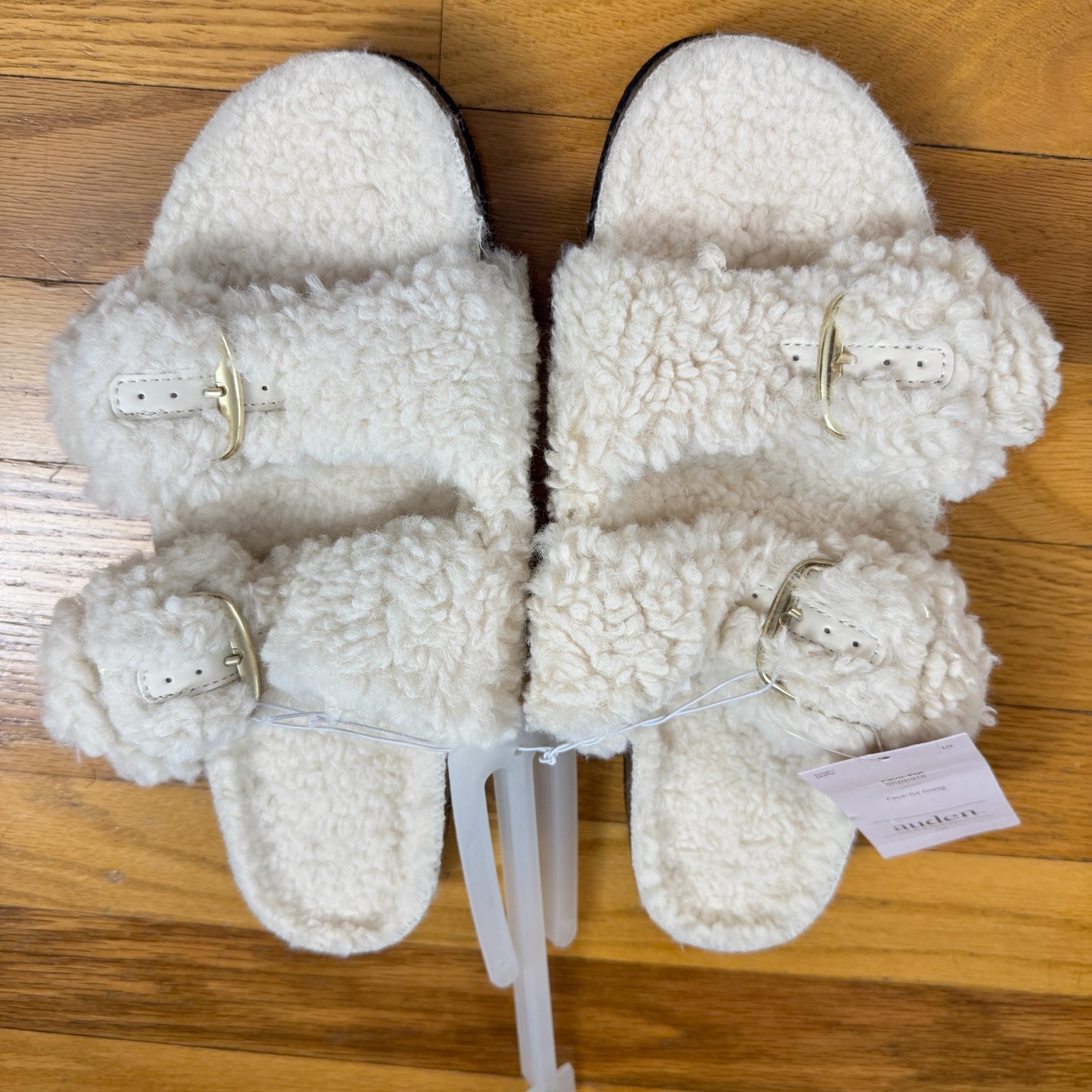 Auden Womens Two Band Buckle Slide Faux Fur Slippers Cream Off White 10 — photo 1
