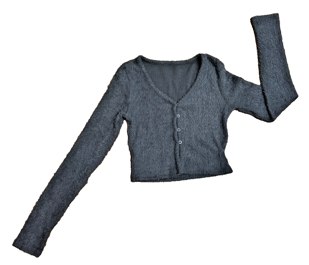 Fuzzy Cropped Sweater Large Brown Womens Knit Button Cold Winter Long Sleeve — photo 1