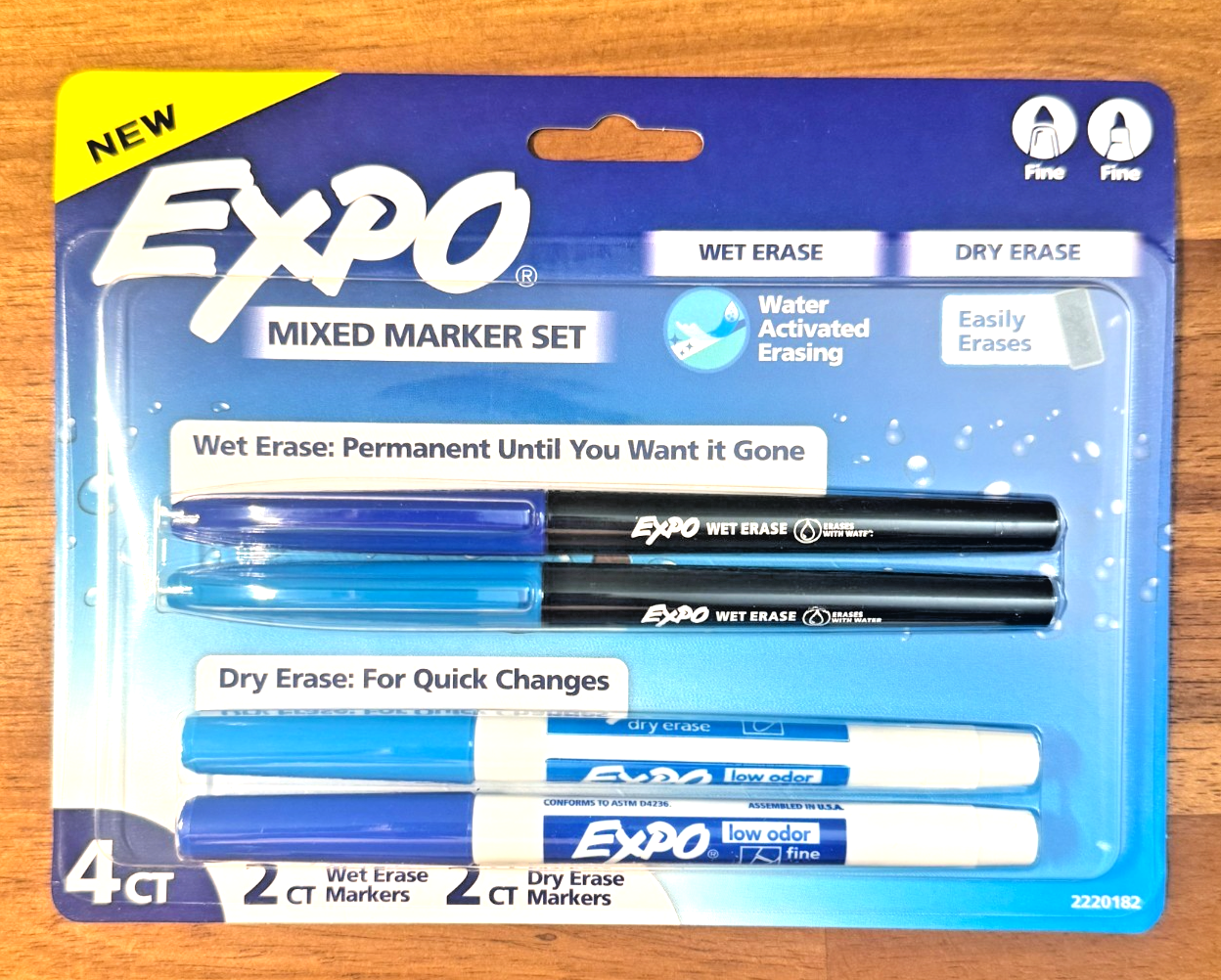 NEW Expo 4ct Fine Mixed 2 Dry  2 Wet Erase Marker Assorted Blue Office School — photo 1
