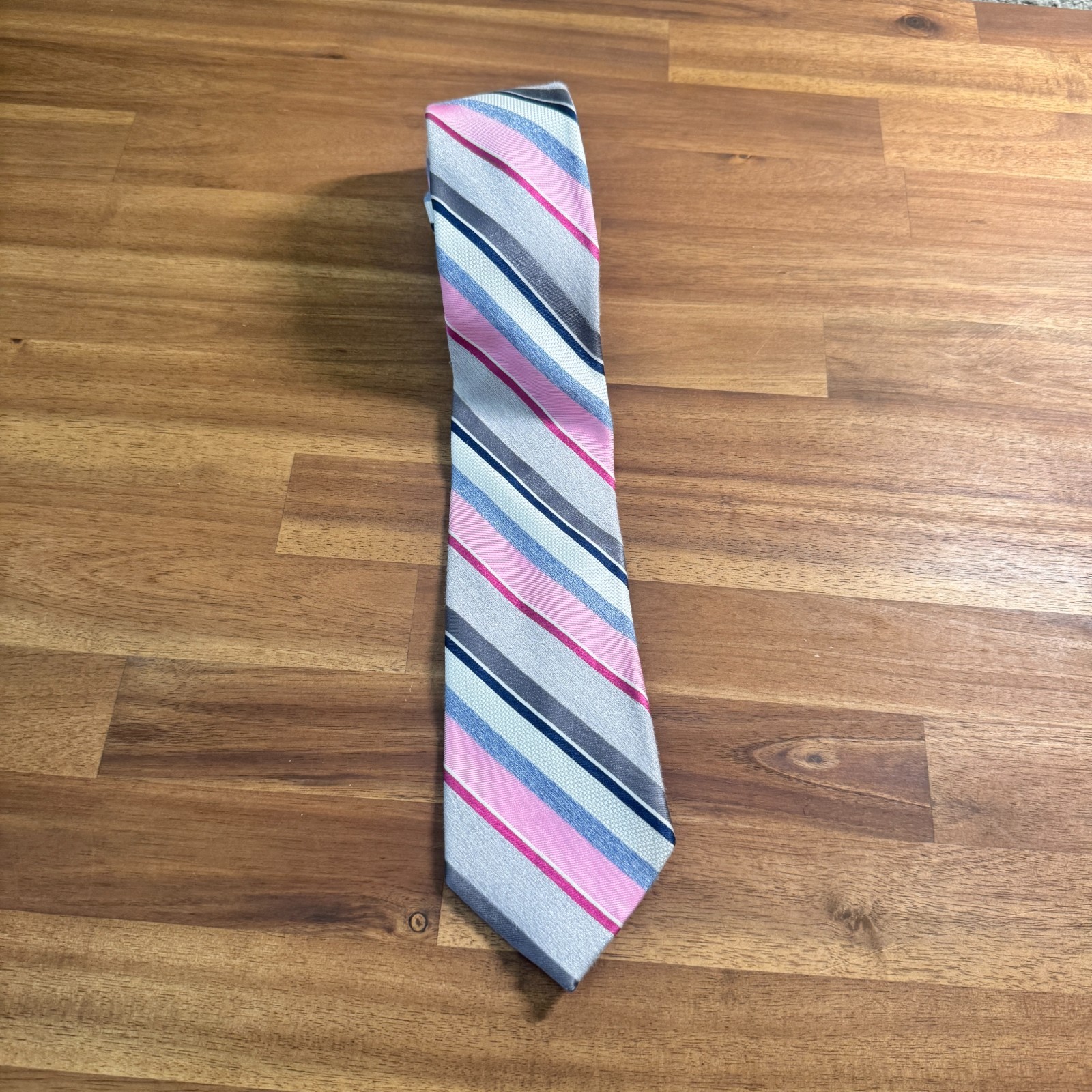 Pronto Uomo Tie Silk Cotton Polyester Blend Pink Gray Blue Stripes Men's Tie — photo 1