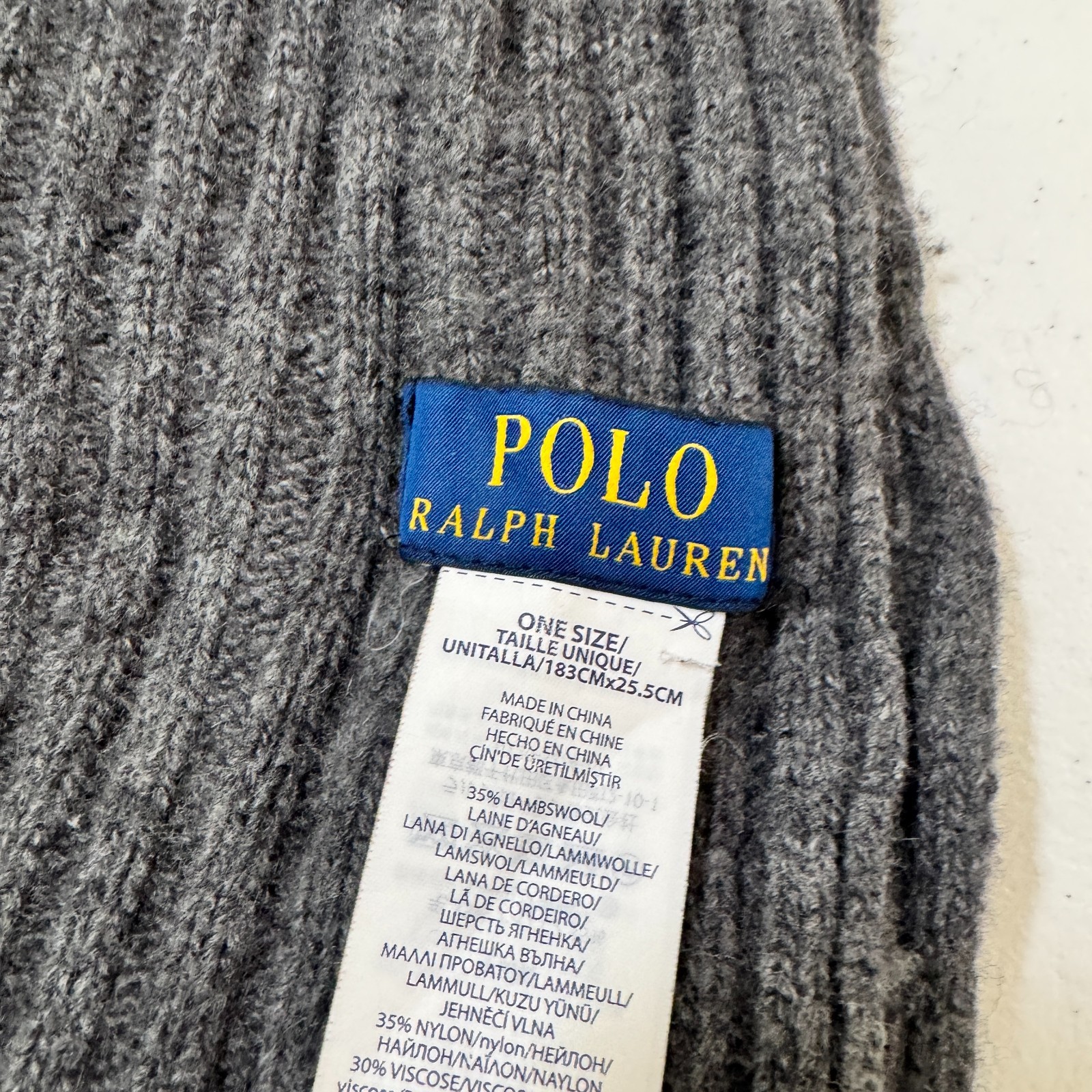 Polo Ralph Lauren Gray Lambswool Mens Scarf Gray Embroidered Pony Logo 72” Long — photo 1