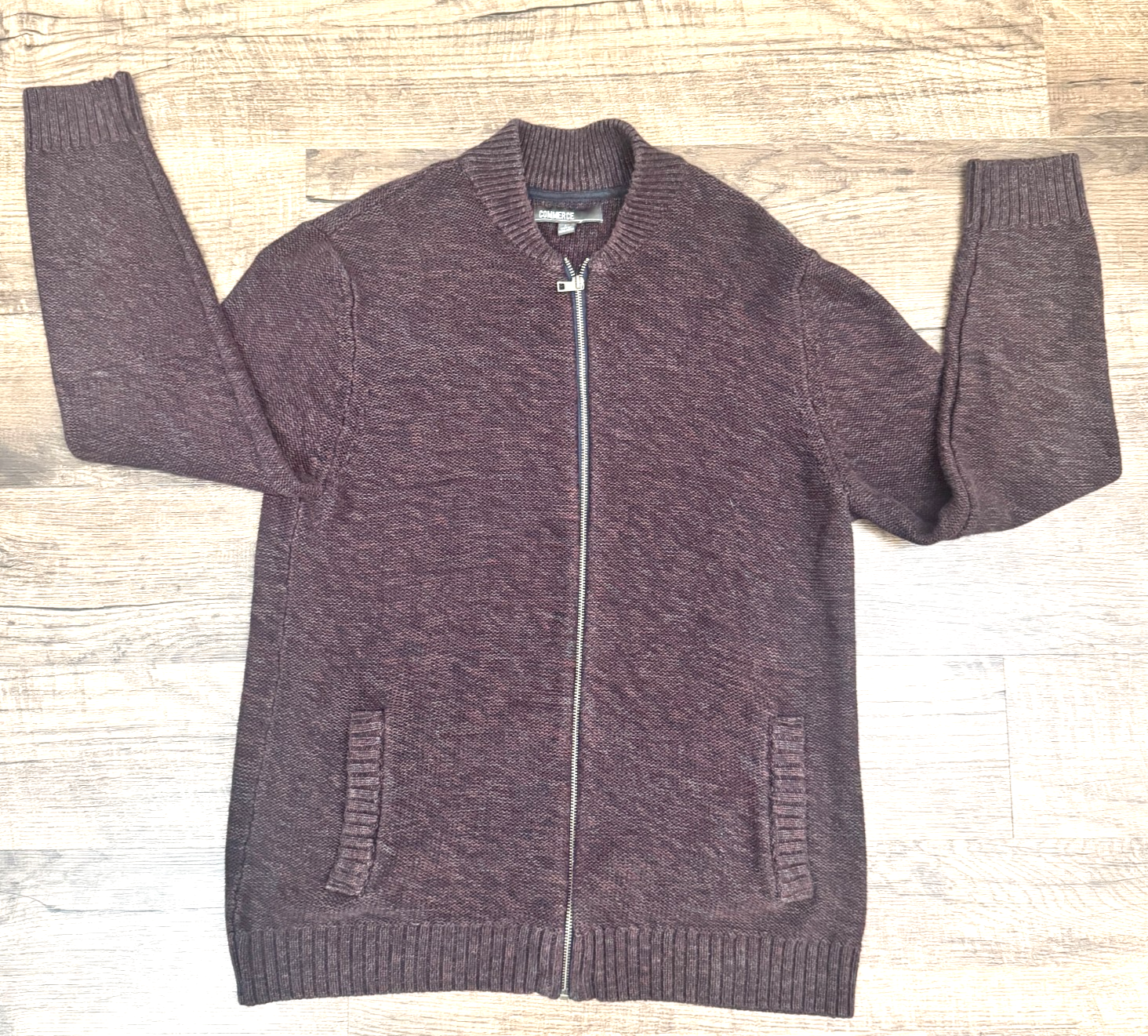 COMMERCE Burgundy Full Zip Long Sleeve Sweater Men's Large Pockets Winter Ski — photo 1