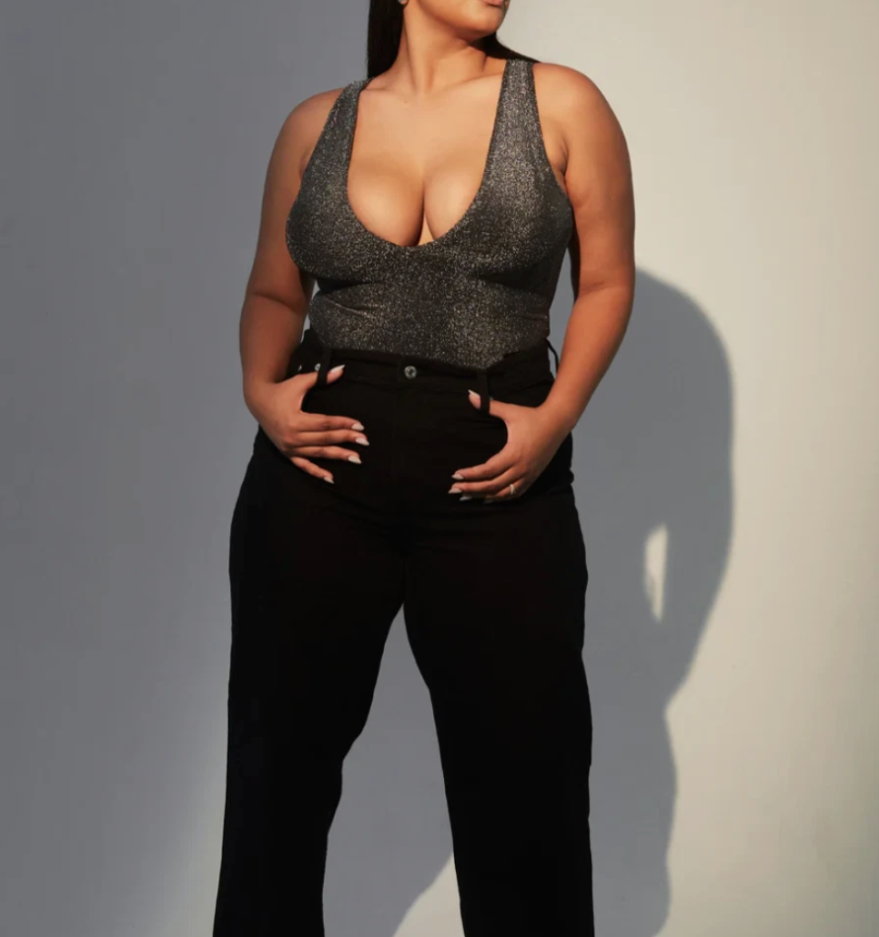 Klassy Network Shimmer Deep V Bodysuit Silver Sparkle Small No Pads Included — photo 1