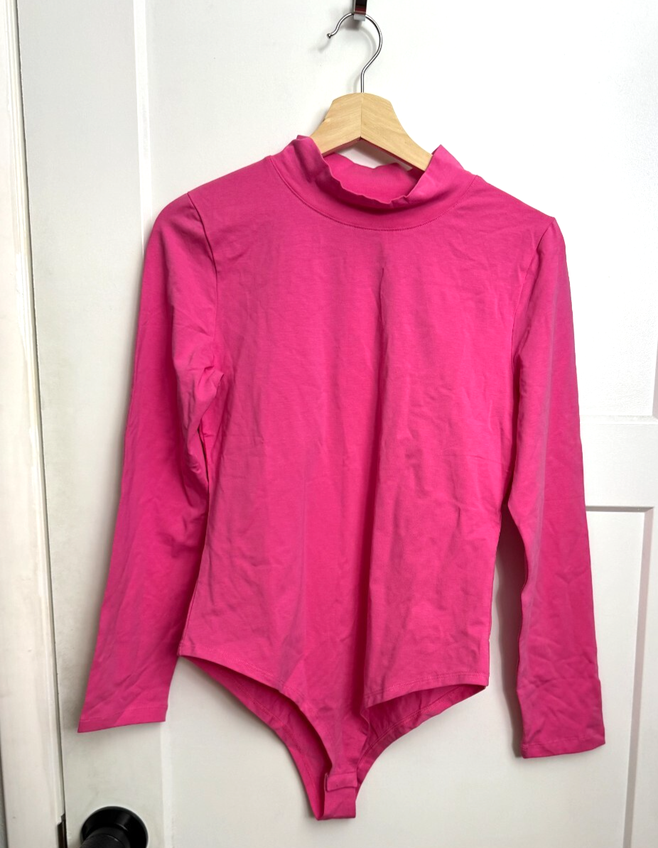 Bright Pink Women Long Sleeve Turtleneck Bodysuit Stretch Large Rayon Spandex — photo 1